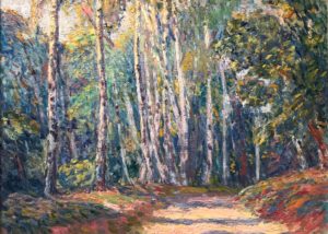 Albert Andre's depiction of the Forest of Marly. Impressionist. Slender trees in light colors, almost birch-white.