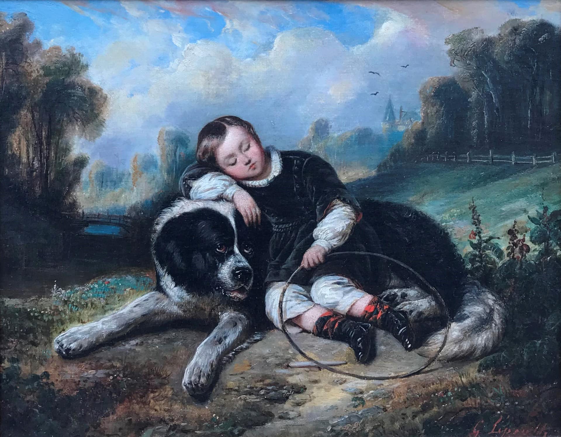 LePaulle's Boy with his Dog. Boy sleeping against alert and loving large, black and white dog. Both in grassy field.