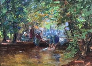 Huet. Women Washing Clothes at River. Impressionist, and set in a forest.
