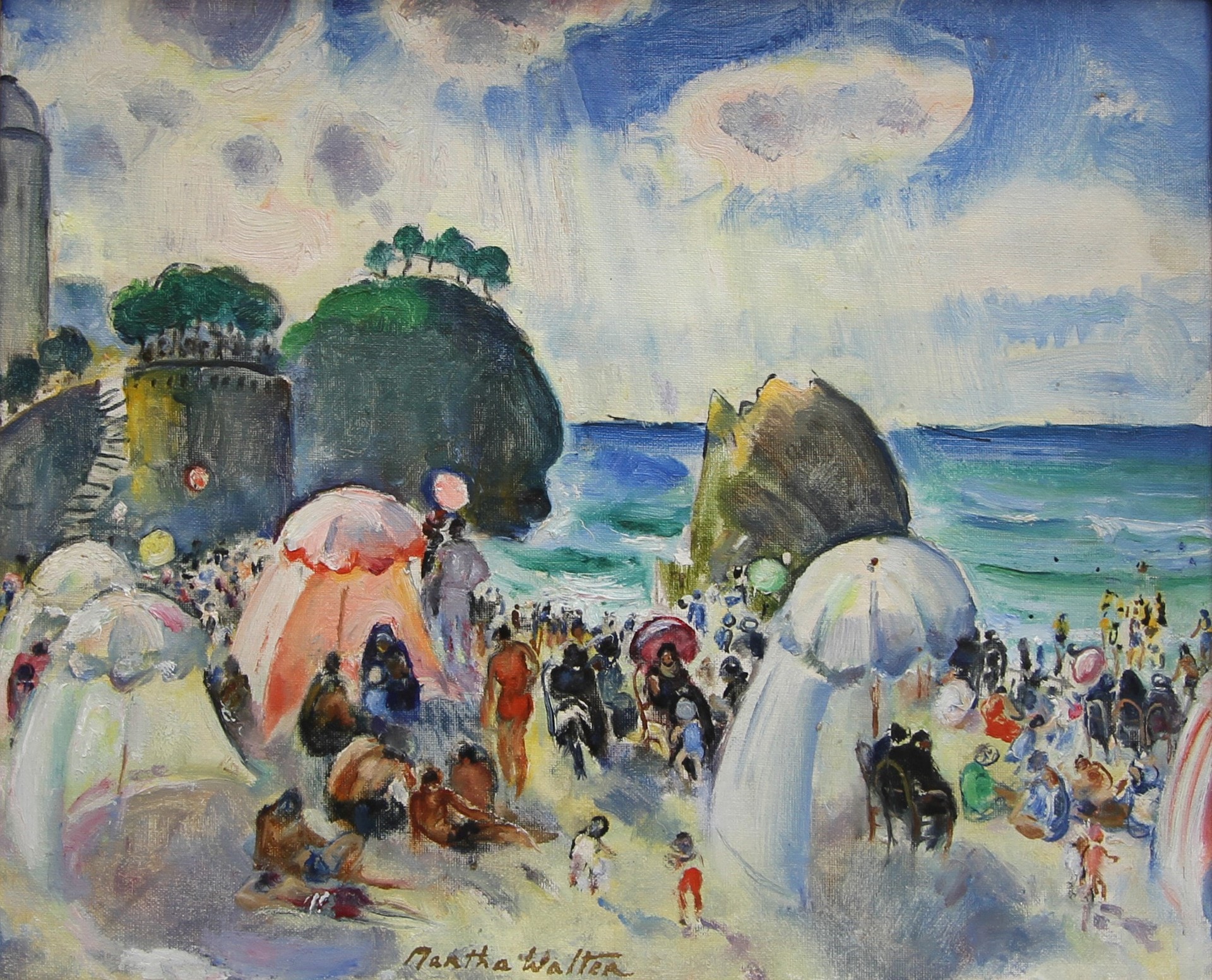 Walter Late Afternoon. A joyful beach scene full of life- people, umbrellas, and the sea.