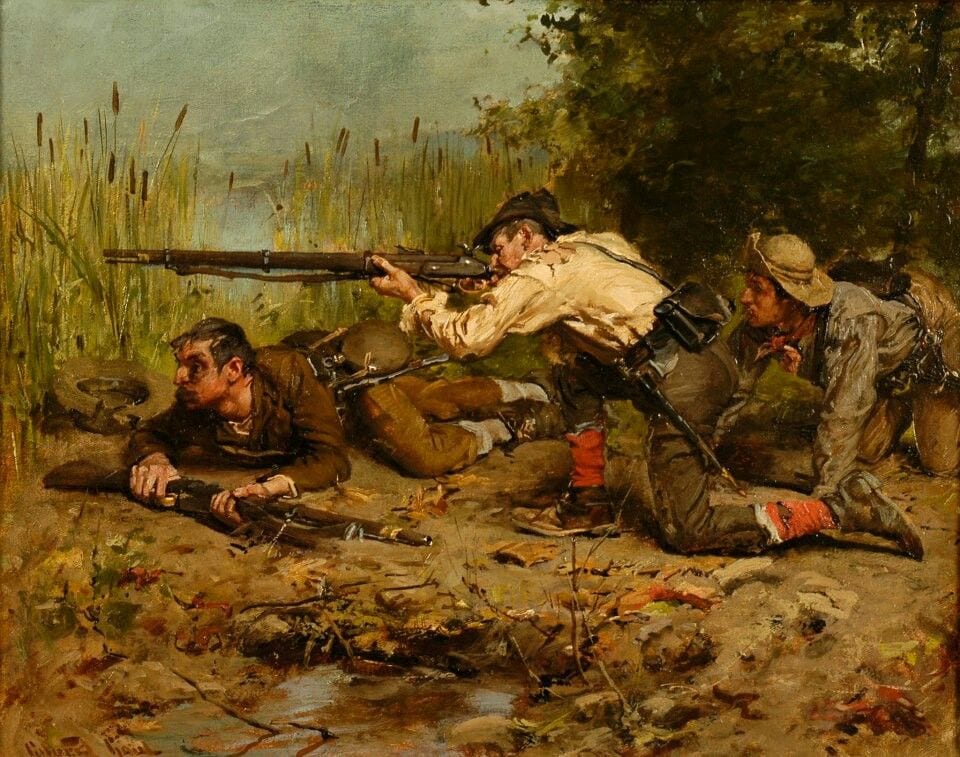 Gilbert Gaul. Confederate Guerrillas. Three sharpshooters realistically depicted watching a target from a marshy environment.