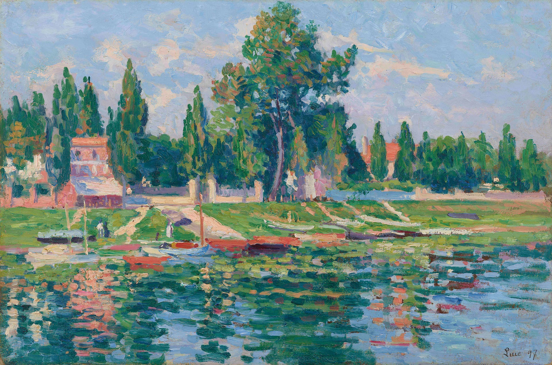 Maximilien Luce. Impressionist brushwork. Proto-Fauvist colors. Vibrant pinks, greens, and blues. River scene with boats.