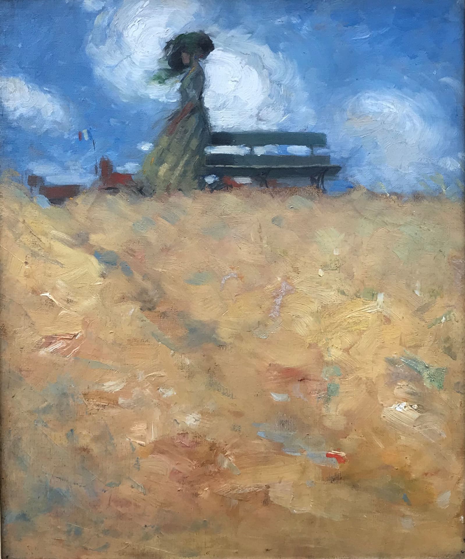 Mackay's Woman with a Parasol. Impressionist brushwork. Vast golden field, blue sky, white clouds, woman in the background in elegant hat.