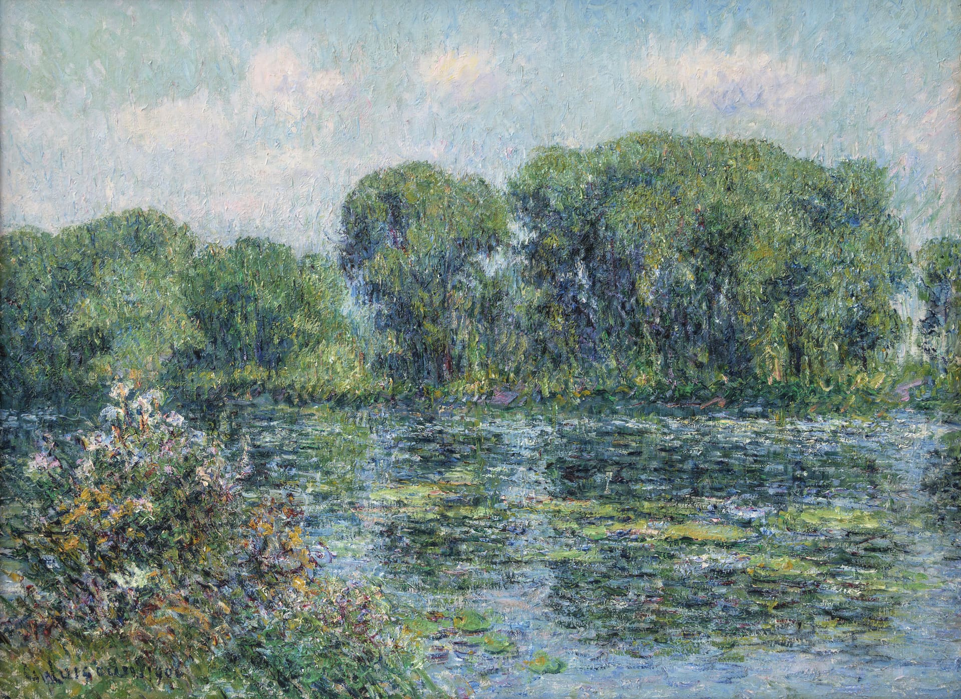 Gustave Loiseau's La Seine a' Herblay, ete. 1906. An Impressionist landscape of waterlilies along the Seine. The setting is calm, bright and cheerful, likely early morning.