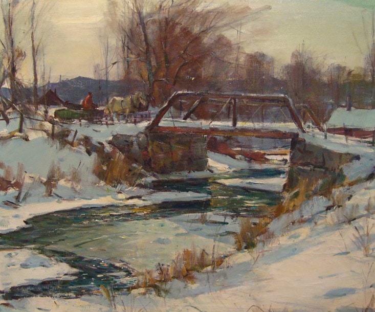 Carl Peter's Winter Scene with Bridge. A Horse drawn carriage approaches a covered bridge on a snowy day