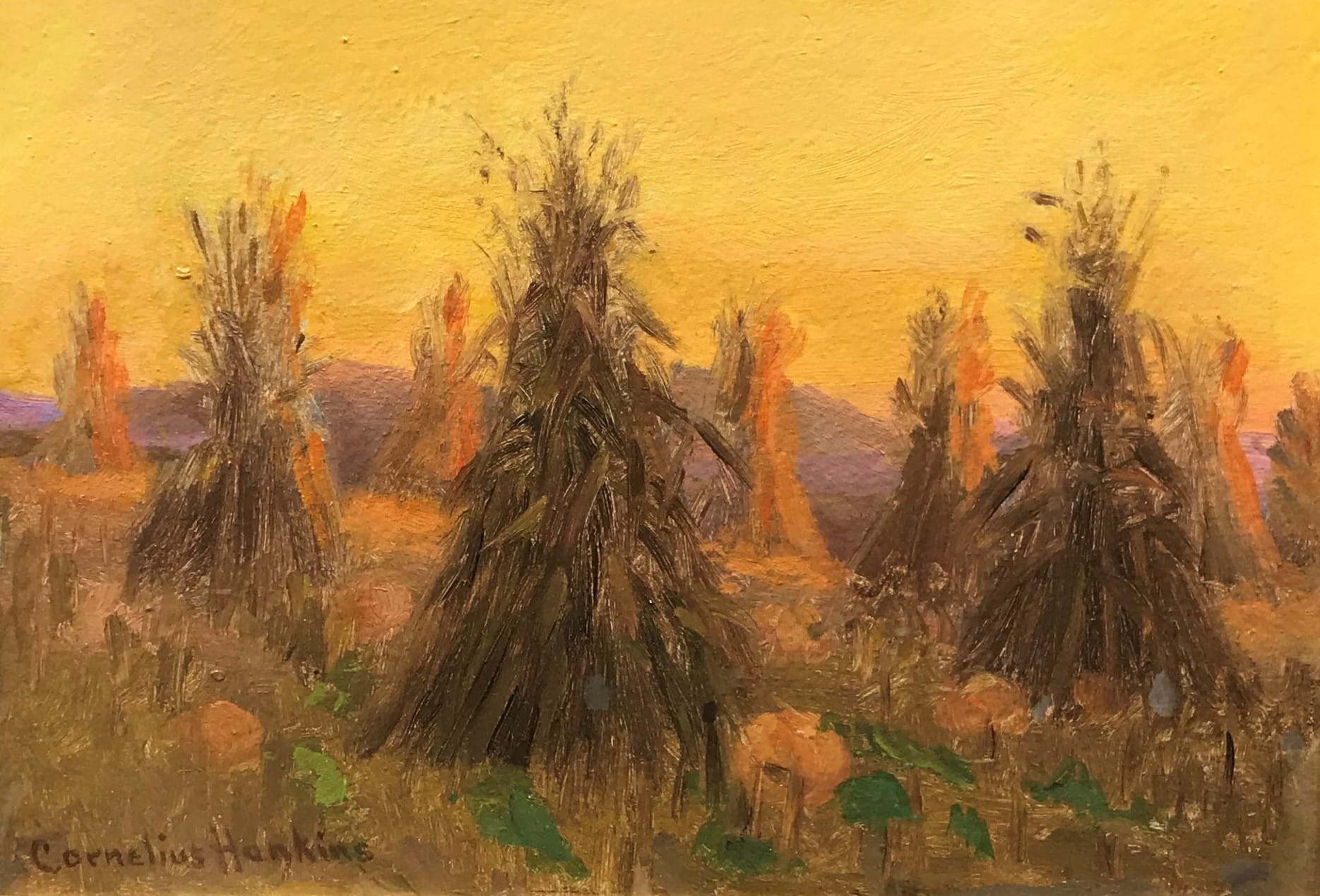 Cornelius Hankins's Landscape with Haystacks. Tennessee landscape with haystacks before a yellow sky