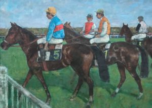 Francois Gall's Steeplechase. Picture of four horses and jockeys on a racetrack.