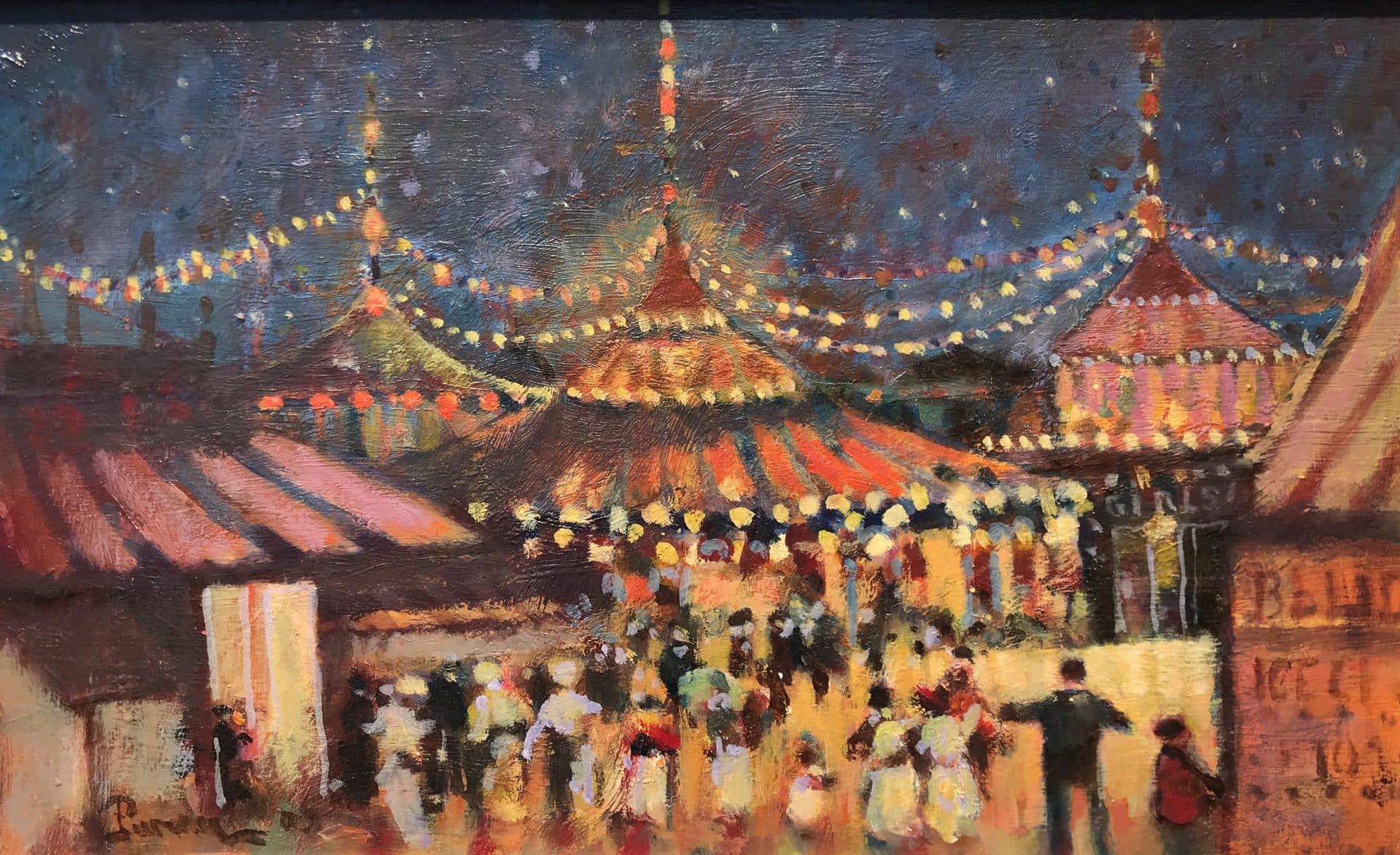 A picture of the circus lit at night painted by contemporary artist Donald Purdy